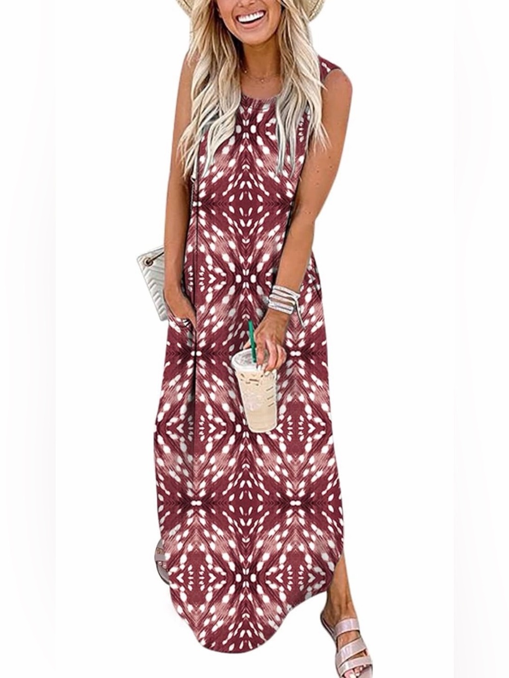NWT Sleeveless Maroon Tie-Dye Maxi Dress with Pockets, Large
